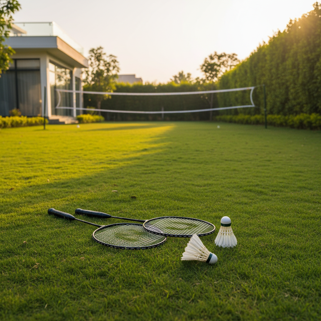 A photographic view of Pankhuri Farm’s expansive garden set up for games, with a taut white volleyball net stretched across velvety green grass and a pair of badminton racquets and shuttlecocks neatly placed in the foreground. The lawn extends toward a sleek modern villa on one side and discreet boundary hedges on the other, creating a sense of privacy and openness. Soft golden hour sunlight bathes the scene, casting long shadows of the net and garden trees, and giving the grass a rich, saturated tone. Captured from a slightly low angle with a shallow depth of field that keeps the equipment in crisp focus while gently blurring the villa, the mood is playful yet elegant, emphasizing active leisure in a polished, realistic photographic style.