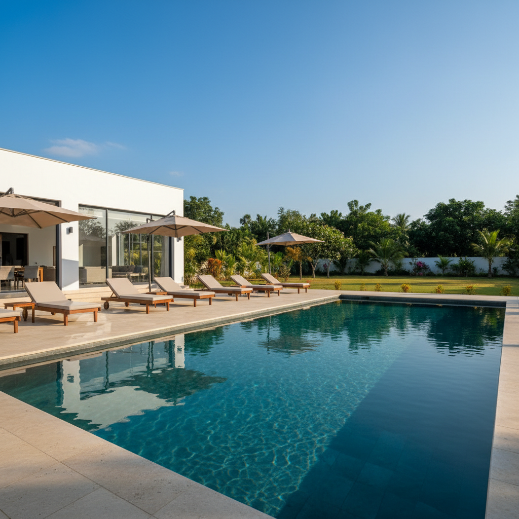 A close, eye-level photographic view of Pankhuri Farm’s shimmering swimming pool, its crystal-clear water reflecting a deep azure sky and the sleek façade of a modern white villa. Smooth pale stone tiles surround the pool in clean lines, with minimalist dark wood loungers and large neutral-toned umbrellas neatly arranged along the edge. Soft late-morning sunlight creates intricate ripples and highlights on the water surface while casting gentle shadows under the seating. In the background, lush green lawns and trees frame the scene in a soft bokeh blur. The composition follows the rule of thirds, emphasizing calm, sophistication, and resort-style relaxation, rendered in crisp, contemporary photographic realism.