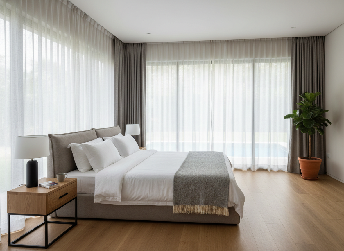 A wide photographic interior shot of a spacious, modern bedroom at Pankhuri Farm, featuring a large low-profile king bed with crisp white linens, textured dove-gray throw, and matching upholstered headboard. Sleek wooden side tables with minimalist lamps flank the bed, while floor-to-ceiling windows reveal a glimpse of the garden and pool outside. Soft diffused daylight filters through sheer curtains, creating an even, airy glow and subtle shadows on the polished wooden floor. A neutral palette of whites, taupes, and soft grays is accented with a single deep-green indoor plant near the window. Captured at eye level with sharp focus throughout, the composition feels uncluttered, refined, and welcoming, reflecting a sophisticated holiday home aesthetic in realistic photographic style.